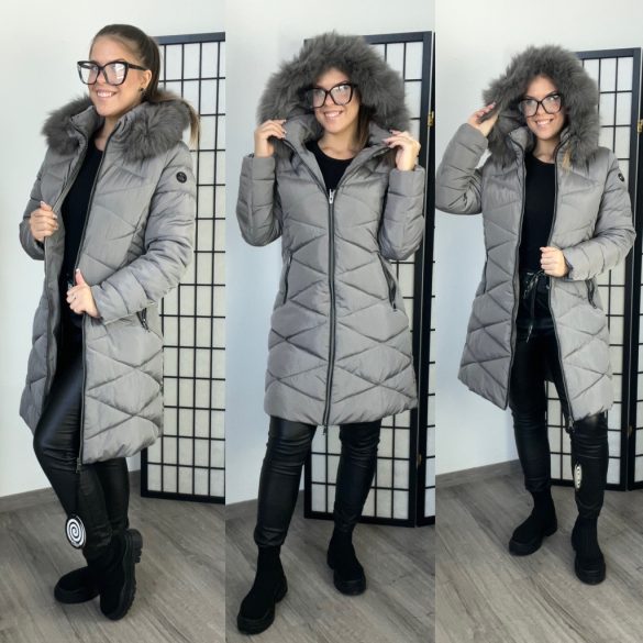 Szingapúr karcsúsított kabát szőrmés kapucnival2528-szürke