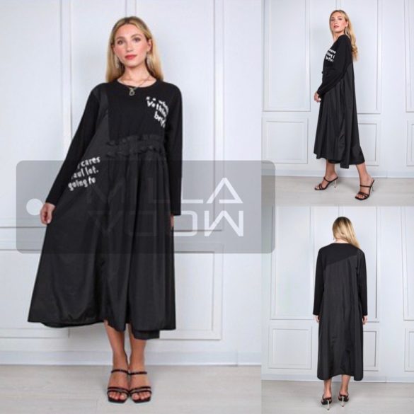 Feliratos különleges varrású pamut-vászon zsebes ruha 53277-e fekete
