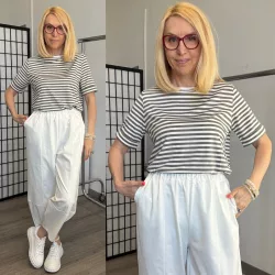 Cianna csíkos pamut poló RT78035 - khaki/fehér