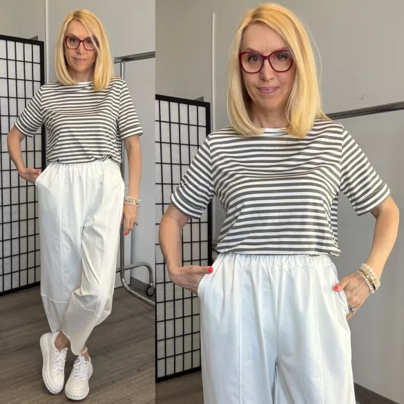 Cianna csíkos pamut poló RT78035 - khaki/fehér