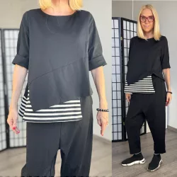   Wendy Trendy csíkos aszimmetrikus hosszú ujjú felső 110252 - fekete