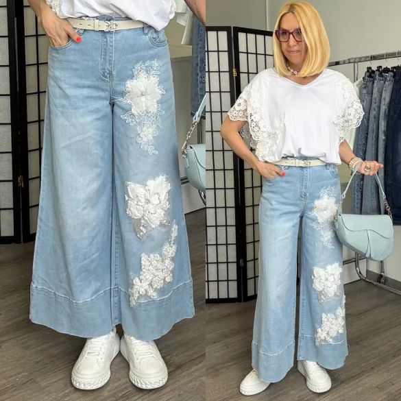 S Woman elasztikus bőszárú farmer gyöngyös virágos SW1990-világoskék