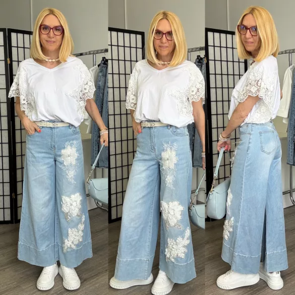 S Woman elasztikus bőszárú farmer gyöngyös virágos SW1990-világoskék