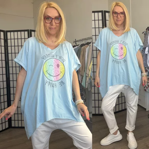 Hello Mya Be happy strasszos smile tunika 70947 - világoskék