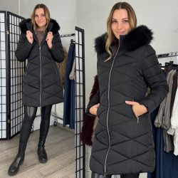   Szingapúr karcsúsított kabát szőrmés kapucnival2528-fekete