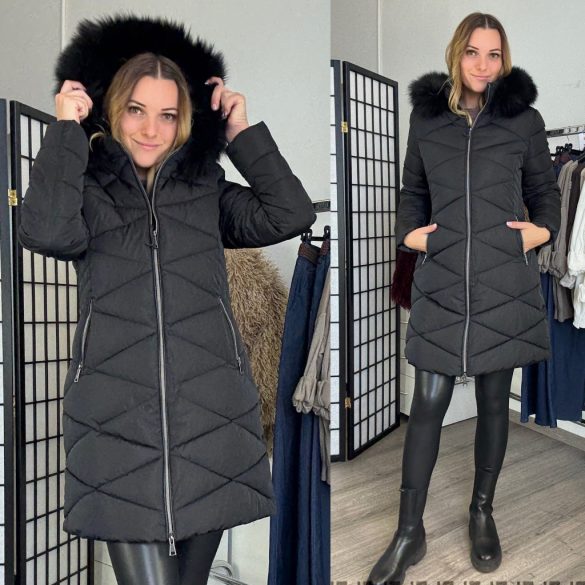 Szingapúr karcsúsított kabát szőrmés kapucnival2528-fekete