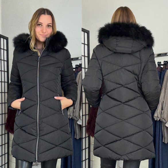 Szingapúr karcsúsított kabát szőrmés kapucnival2528-fekete