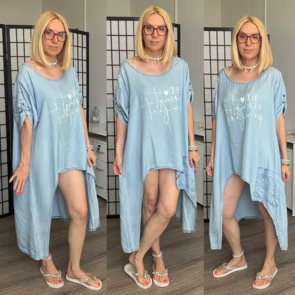 Hello Mya Be Real feliratos ujjánál koptatott. asszimetrikus tunika 71158 - világos farmerkék