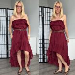 Lux Luna ejtett vállú fodros ruha övvel 50769 - bordó