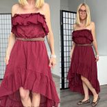 Lux Luna ejtett vállú fodros ruha övvel 50769 - bordó