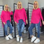 Ciara hosszú ujjú oversize csavartmintás pulóver  -pink