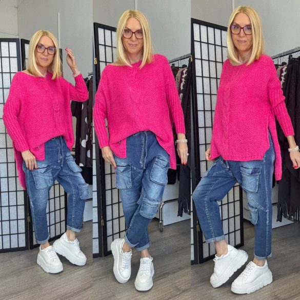 Ciara hosszú ujjú oversize csavartmintás pulóver  -pink