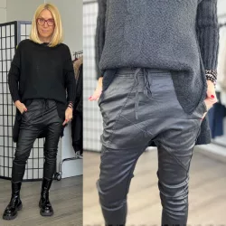   Melly ülepes elasztikus bőr nadrág gumis derékkal 7189 - fekete