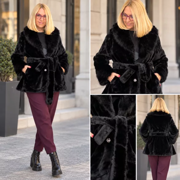 Lily derékban megkötős bunda A2507-fekete
