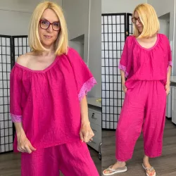 MúMú V nyakú csipkés ujjú len-pamut felső6993-pink