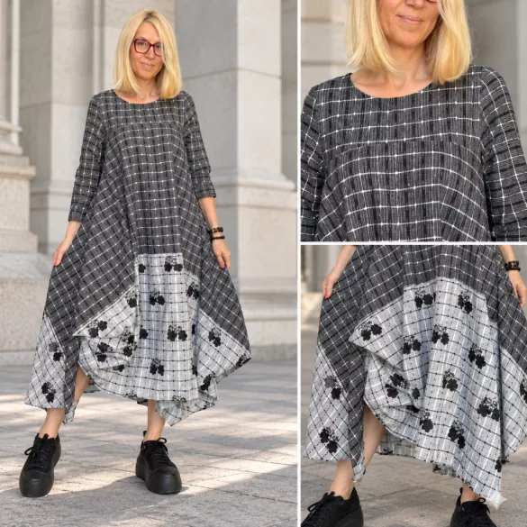 Wendy Trendy kockás virágos ruha126135-szürke/fekete