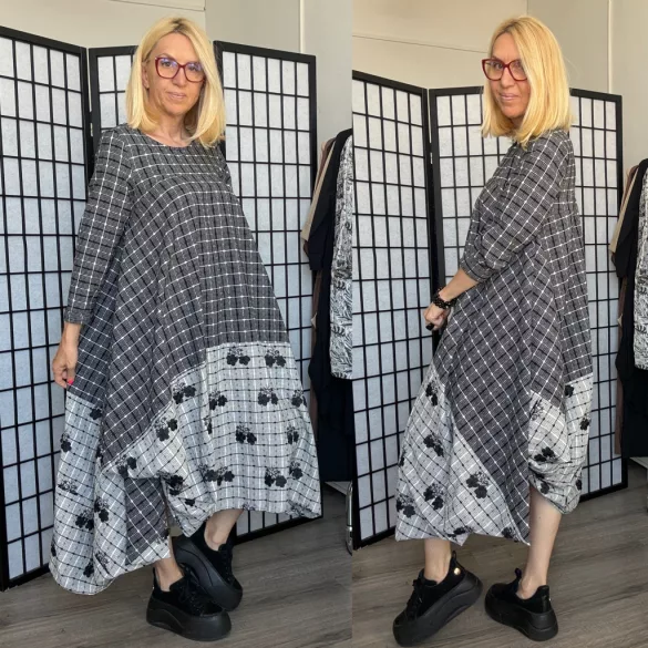Wendy Trendy kockás virágos ruha126135-szürke/fekete