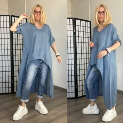 Anika asszimetrikus len tunika 3706 - kék