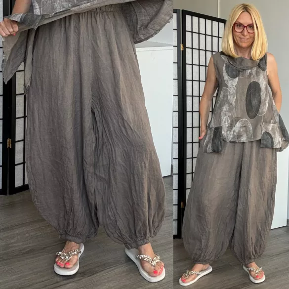 Lux Luna deréknál és alul is gumis, buggyos len nadrág 52510 - taupe