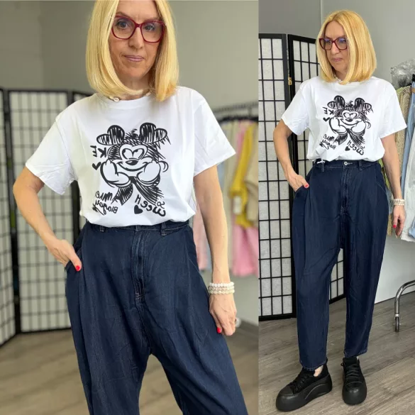 Agape Minnie mintás pamut póló -fehér