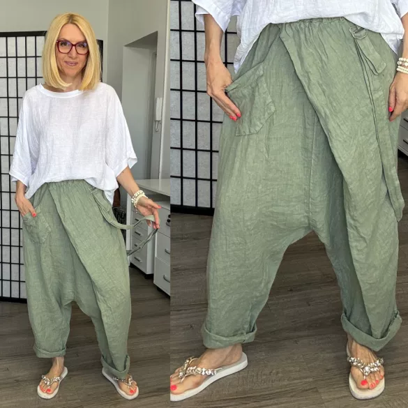 Hello Mya gumis derekú ülepes len nadrág 71160 - khaki