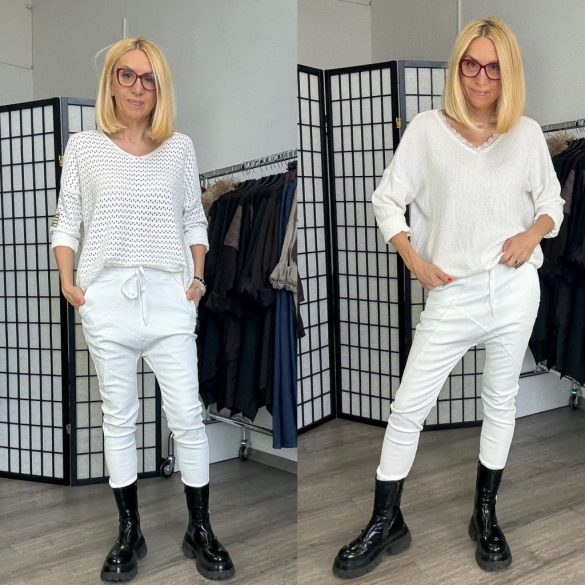 Melly ülepes elasztikus bőr nadrág gumis derékkal 7189 - fehér