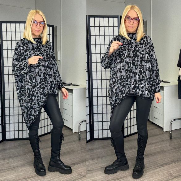 Mitica kockás hosszú ujjú aszimmetrikus tunika 8880 - fekete/fehér