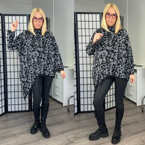 Mitica kockás hosszú ujjú aszimmetrikus tunika 8880 - fekete/fehér