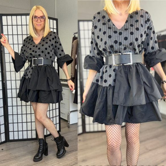 Mitica pöttyös fodros ruha 80012 - szürke