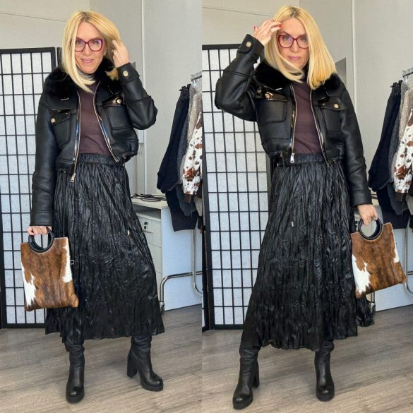 Remix gyűrt vegánbőr szoknya5026-fekete