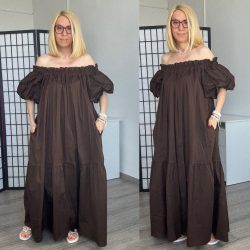 Benita gumis vállú vászon ruha4955-csokibarna