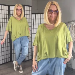 Bubble V nyakú, elől húzott pamut felső 52482-pisztácia