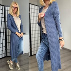 Anna hosszú ujjú bordás kardigán 22388 - farmerkék