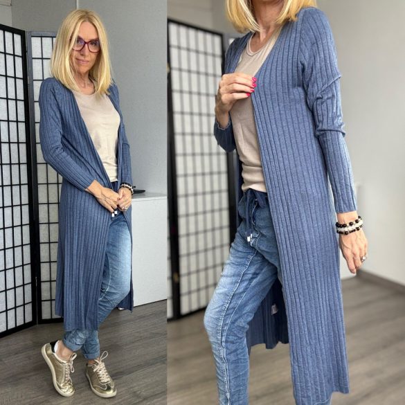 Anna hosszú ujjú bordás kardigán 22388 - farmerkék