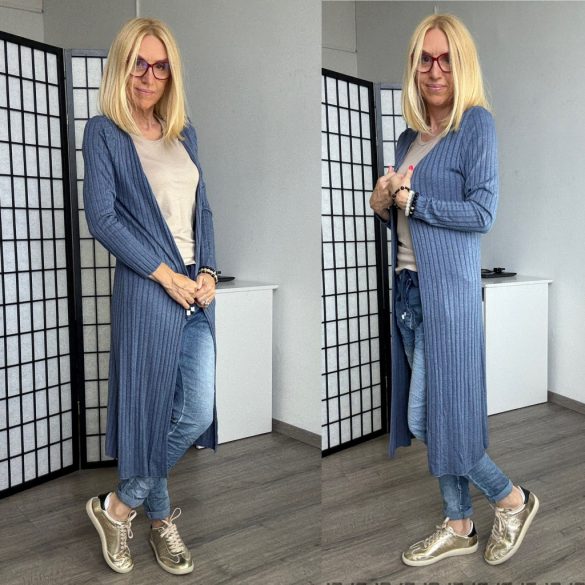 Anna hosszú ujjú bordás kardigán 22388 - farmerkék