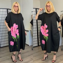 Fly Out virágos hosszú vászon ruha A51029-fekete