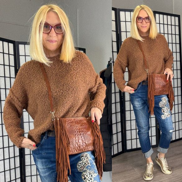 Lana környakú buklé pulóver-camel