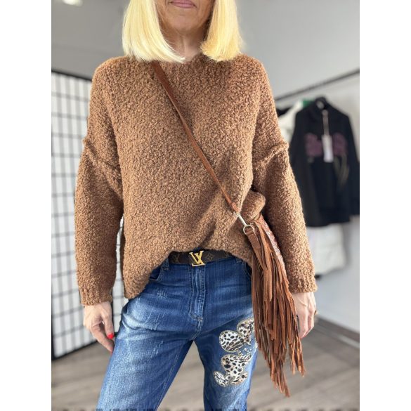 Lana környakú buklé pulóver-camel