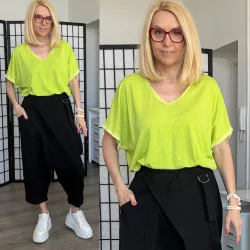 Stella V nyakú bordás pamut póló 24263 - neon zöld