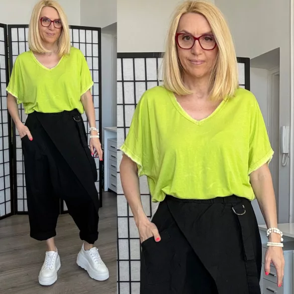 Stella V nyakú bordás pamut póló 24263 - neon zöld
