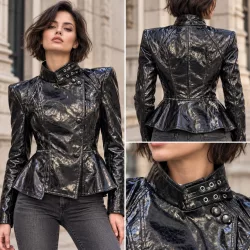Lisse derékban szűkített bőr blézer U512619-fekete