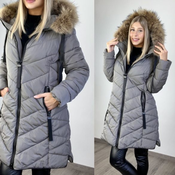 Delhi szőrmés kapucnis kabát 2537 - szürke