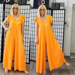 V kivágású fodros ujjú overál 28002-narancs