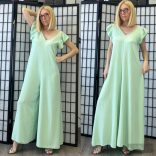 V kivágású fodros ujjú overál 28002-almazöld