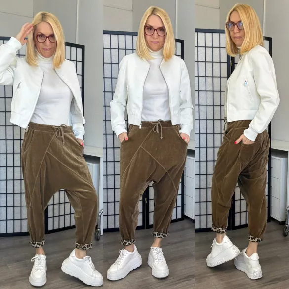 Wiya ocelot belsejű pamut ülepes nadrág gumis derékkal 16089-10 - camel