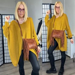   Star aszimmetrikus V kivágású kötött pulóver 5001-mustár