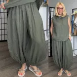 Lux Luna deréknál és alul is gumis, buggyos len nadrág 52510 - khaki