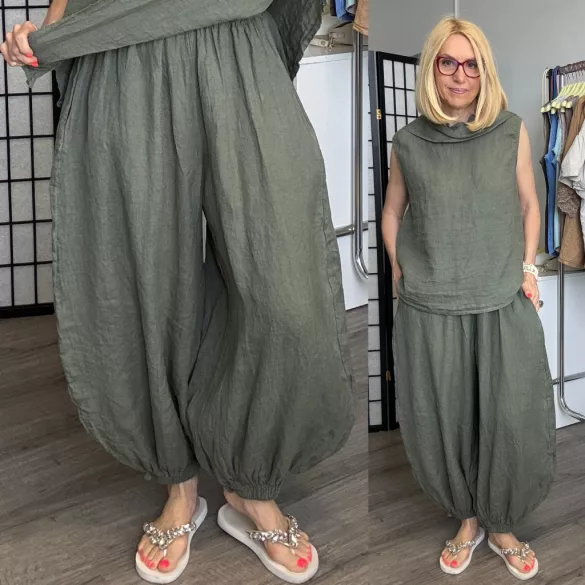 Lux Luna deréknál és alul is gumis, buggyos len nadrág 52510 - khaki
