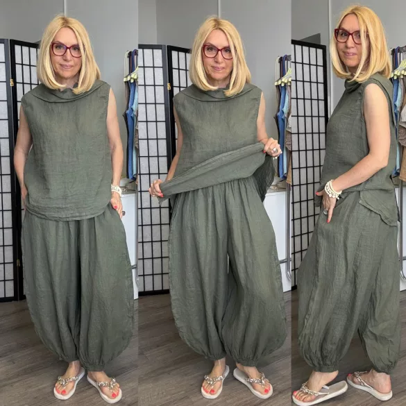 Lux Luna deréknál és alul is gumis, buggyos len nadrág 52510 - khaki